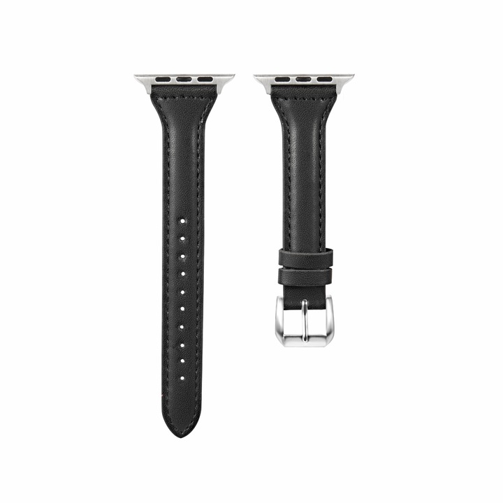 Тънка естествена кожена каишка, съвместима с Apple Watch Band 42/44/45/49MM, тънка горна кожена каишка за жени и мъже, съвместима с iWatch Series 10/9/8/7/6/5/4/3/2 /1 Ultra SE , Черно