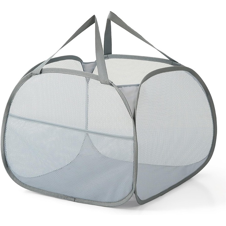 Cos pentru rufe pliabil Luoistu, design cu deschidere larga, buzunar lateral, material din plasa respirabila, 90l