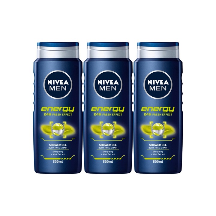 Nivea tusfürdő 500ml Energy men készlet, hatékony tisztítás, intenzív hidratálás, könnyű felvitel, megelőzi az irritációt, hosszan tartó frissesség, bőrgyógyászatilag tesztelt, 3 db
