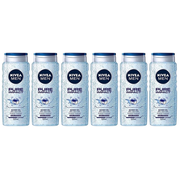 Set 6 x Nivea gel dus 500ml men pure impact, curatare eficienta, hidratare intensa, aplicare usoara, previne iritatiile, prospetime de lunga durata, testat dermatologic