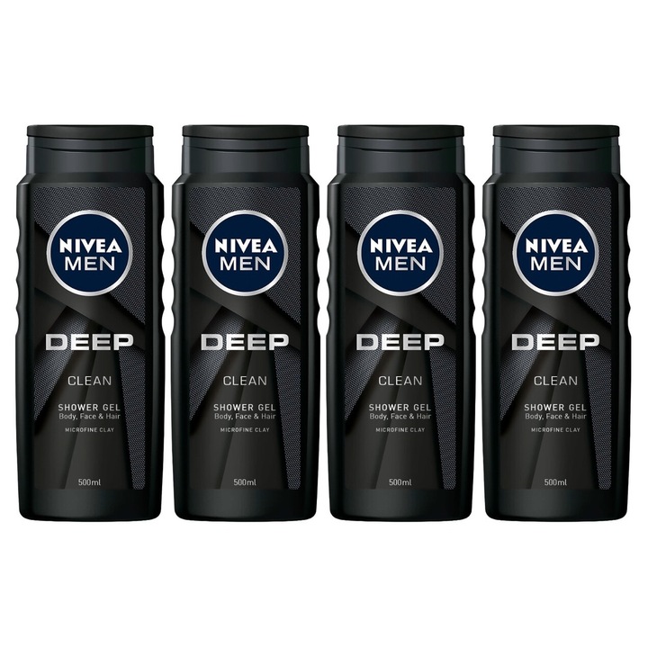 Set 4 x Nivea gel dus 500ml men deep, curatare eficienta, hidratare intensa, aplicare usoara, previne iritatiile, prospetime de lunga durata, testat dermatologic
