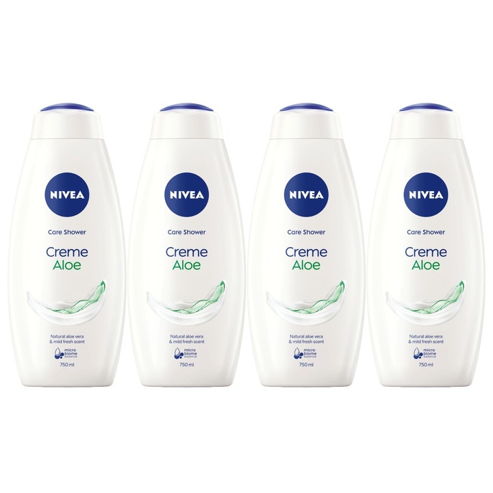 Set 4 x Nivea spumant/gel dus 750ml creme aloe, curatare eficienta, hidratare intensa, aplicare usoara, previne iritatiile, prospetime de lunga durata, testat dermatologic