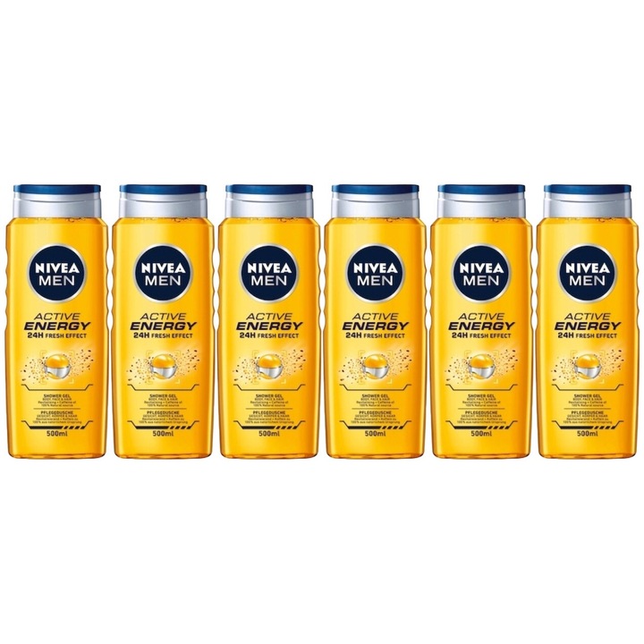 6 db Nivea tusfürdő 500 ml-es férfi aktív energia, hatékony tisztítás, intenzív hidratálás, könnyű felvitel, megelőzi az irritációt, hosszan tartó frissesség, bőrgyógyászatilag tesztelt