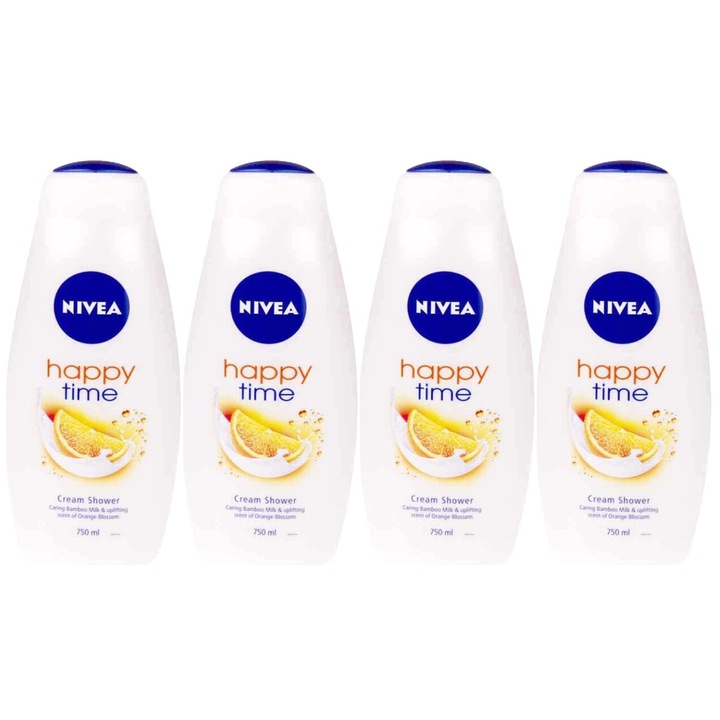 4 db Nivea habzó/tusfürdő 750 ml-es boldog narancssárga készlet, hatékony tisztítás, intenzív hidratálás, könnyű felvitel, irritáció megelőzésére, hosszan tartó frissesség, bőrgyógyászatilag tesztelt