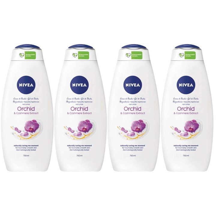4 db Nivea habzó/tusfürdő 750 ml-es készlet, mely kasmír, hatékony tisztítás, intenzív hidratálás, könnyű felvitel, megelőzi az irritációt, hosszan tartó frissesség, bőrgyógyászatilag tesztelt