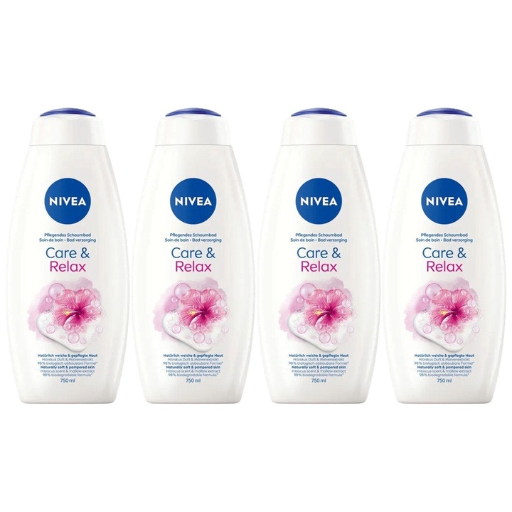 4 db-os Nivea habzó/tusfürdő 750 ml-es 2 az 1-ben care&relax, hatékony tisztítás, intenzív hidratálás, könnyű felvitel, megelőzi az irritációt, hosszan tartó frissesség, bőrgyógyászatilag tesztelt