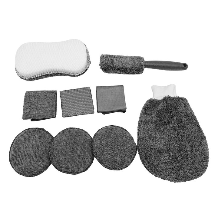 Set de 9 instrumente de curatare auto, gri, pentru uz casnic, Scule de spalat masini, scule de curatat, materiale de spalat masini, set complet de scule de spalat masini, accesorii de spalat masini