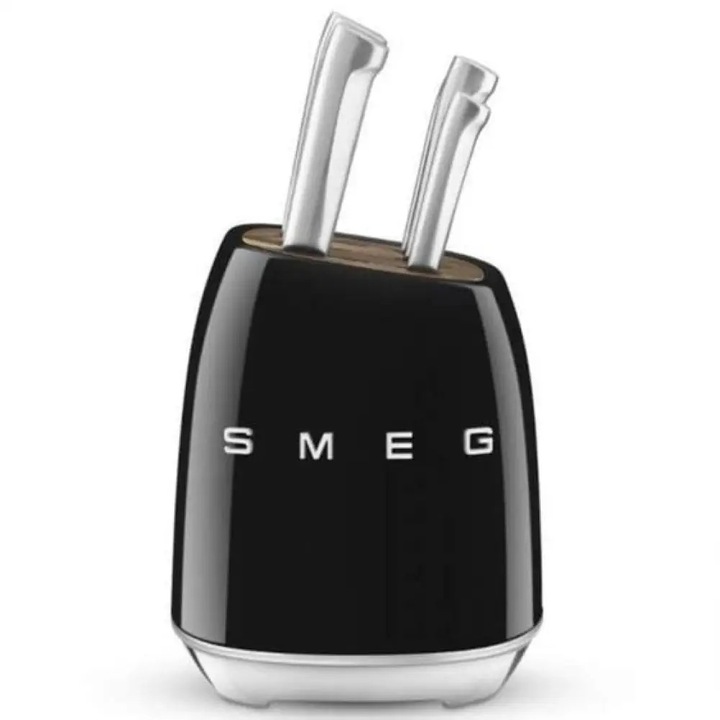Set de cutite cu suport SMEG KBSF02BL, 7 piese, manere din lemn de salcam, otel inoxidabil german, negru