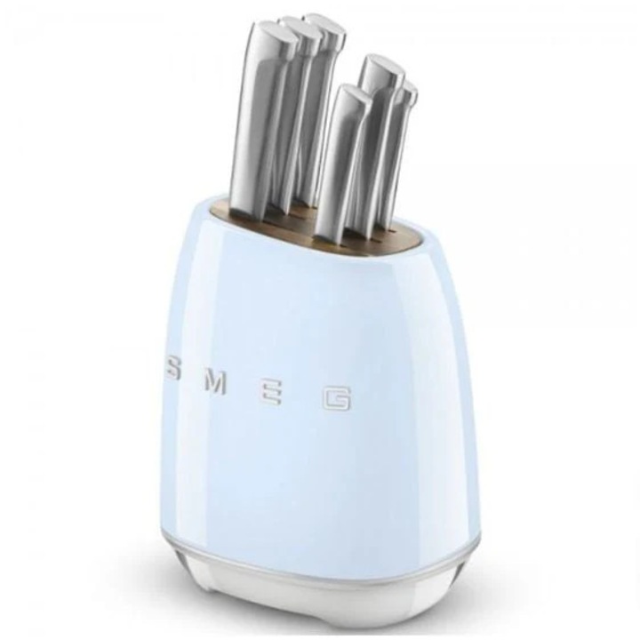 Set cutite de bucatarie Smeg KBSF02PB, 6 cutite, suport de depozitare, albastru pastel