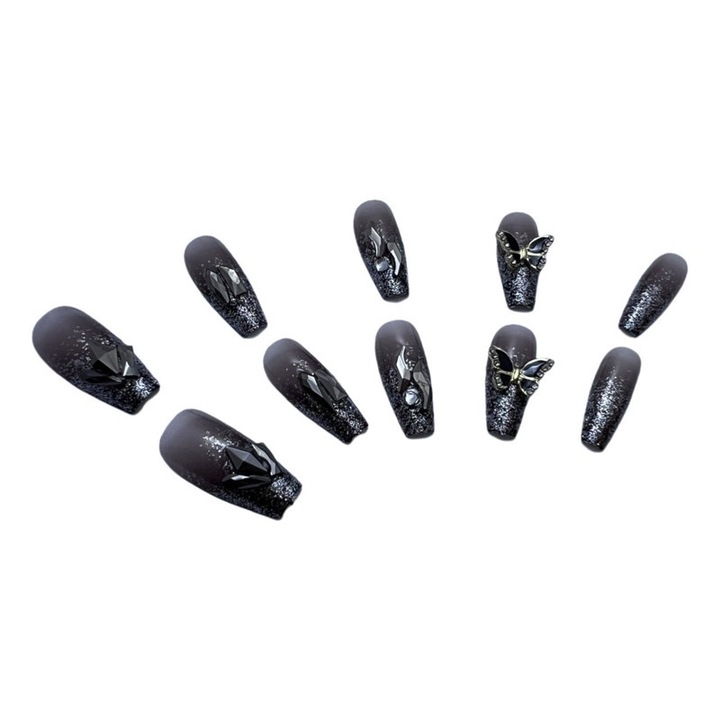 Set unghii false lungi cu fluturi, design elegant, negru