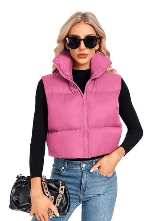 Vesta de iarna scurta pentru femei, usoara, fara maneci, cu fermoar, captusita, marime 2XL, Roz, MAVIS LAVEN