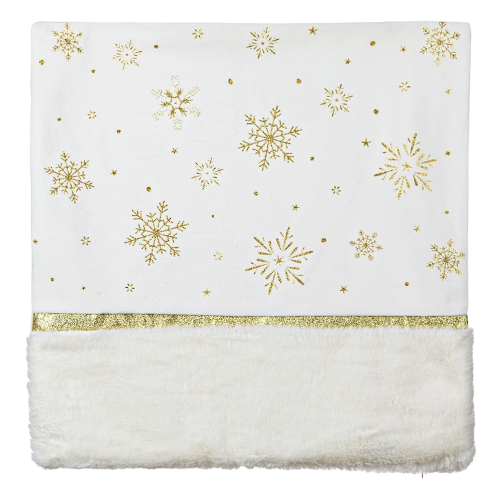 Karácsonyi párnahuzat bársonyfehér arany glitterpelyhekkel, fehér szőrmével 45x45cm