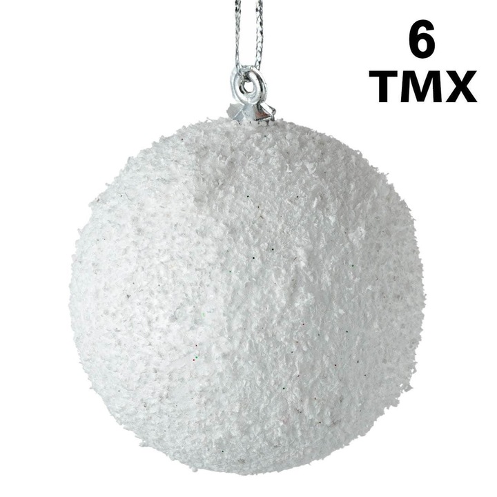 Set Globuri Craciun TMX, Spuma, Glitter, 6 Bucati, Alb, 6 cm