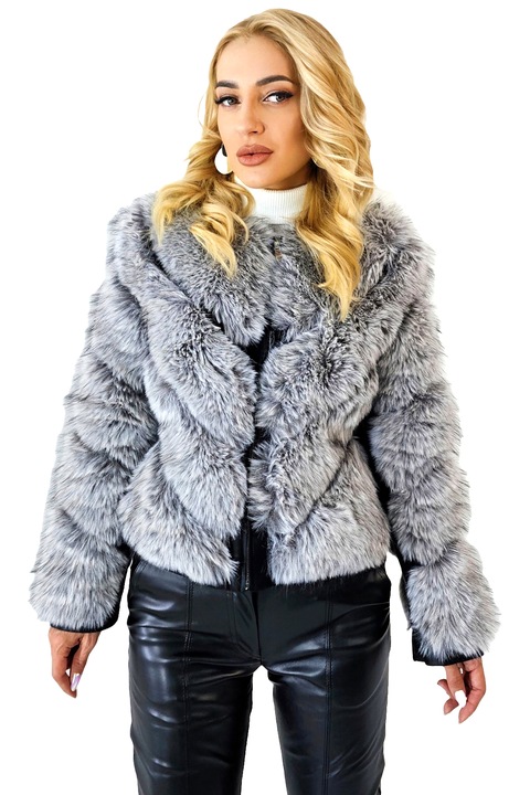 Jacheta dama Robertina, blana ecologica cu insertii piele si fermoar, Alb