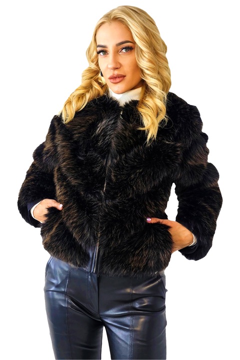 Jacheta dama Robertina, blana ecologica cu insertii piele si fermoar, Maro