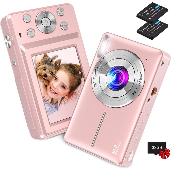 Bedee kompakt kamera, HD 1080P, 44 MP, 16x digitális zoom, rózsaszín, 2,4 hüvelykes
