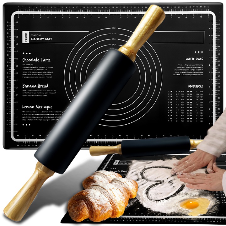 Plansa Din Silicon Alimentar, Pentru Modelare Aluat XXL, Anti-alunecare, Cu Masuratori De Lungime Si Diametru, Usor De Curat, Flexibila, 65 x 45 cm, Negru + Rala Silicon Pentru Aluat, Retoo