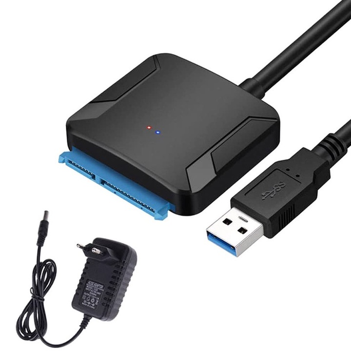 Адаптер USB 3.0 към SATA, Rqiurpn, за HDD/SSD 2.5/3.5 инча, за HDD/SSD, plug and play, с 12V захранване, 50 см, Черен