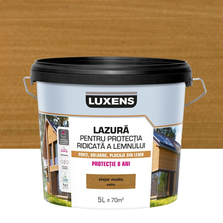 Lazura lemn Luxens, pe baza de apa, pentru protectie ridicata, exterior, stejar mediu, 5 L