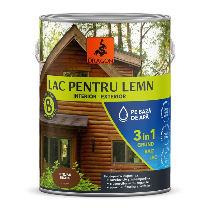 Lac pentru lemn Dragon, 3 in 1, interior/exterior, stejar inchis, 2.5 L