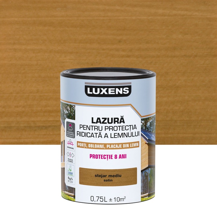 Lazura lemn Luxens, pe baza de apa, pentru protectie ridicata, exterior, stejar mediu, 0.75 L