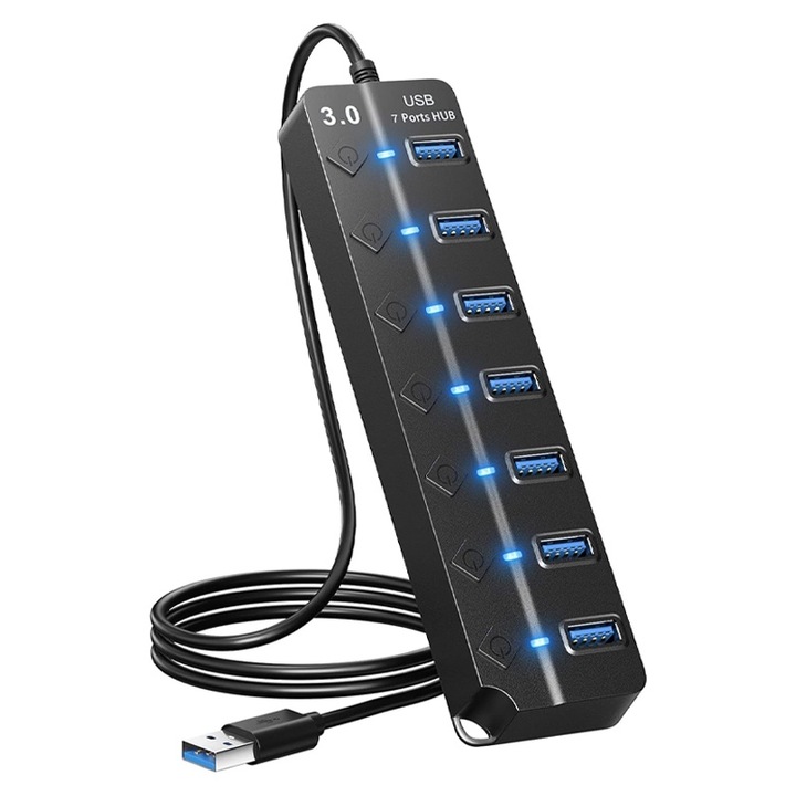 USB 3.0 хъб, Rqiurpn, 7-порта, скорост на трансфер 5Gbps, компактен, 1m