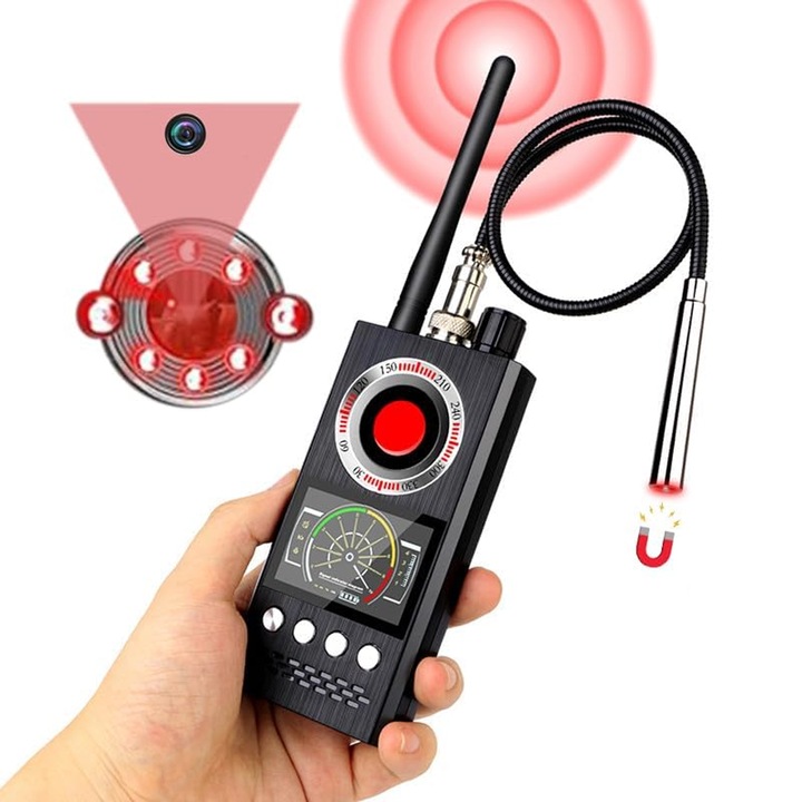 Detector Aparate Spionaj, JFYU, Detector Profesional anti Spionaj, Detector cu inteligenta artificiala AI pentru aparate de spionaj, Detector Camera Ascunsa, Detecteaza Camere, Reportofoane, Localizatoare GPS sau GSM, Afisaj LED, Lungime 10 cm, Negru