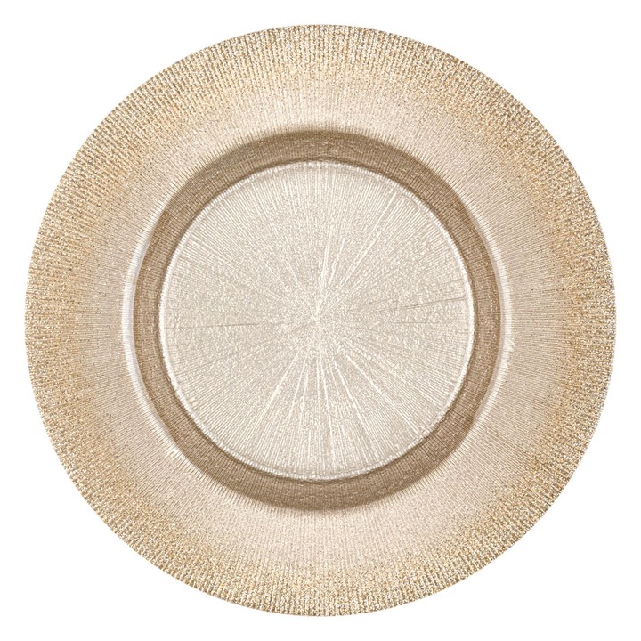Farfurie din sticlă bej cu raze reliefate și margine cu sclipici, 21x2cm