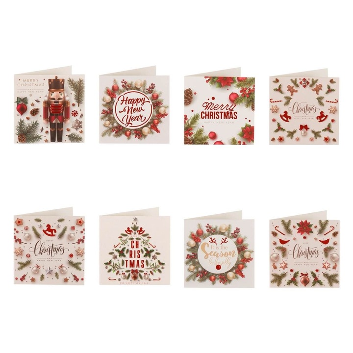 Коледни картички, многоцветен модел, малък, комплект от 8 части, 6x6 см, с червена дантела