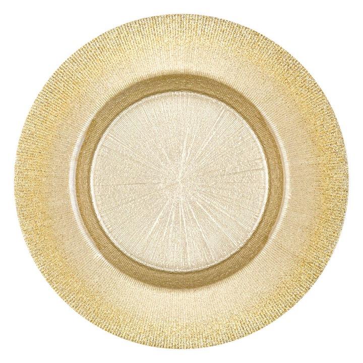 Чиния за сервиране на храна, златист модел, стъкло, диаметър 28 см, бляскава рамка, релефни лъчи