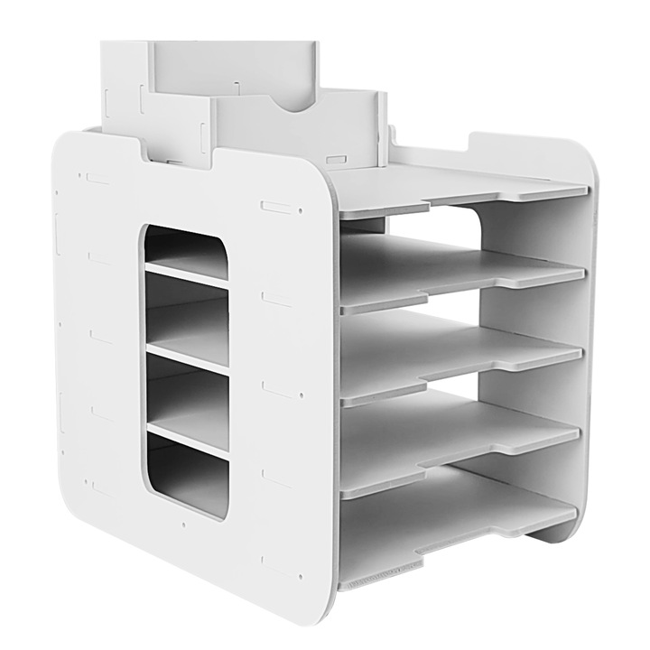 Suport articole birou, 5 compartimente, alb, 31x23.1x10.5cm, cu suport pentru pixuri, plastic/lemn
