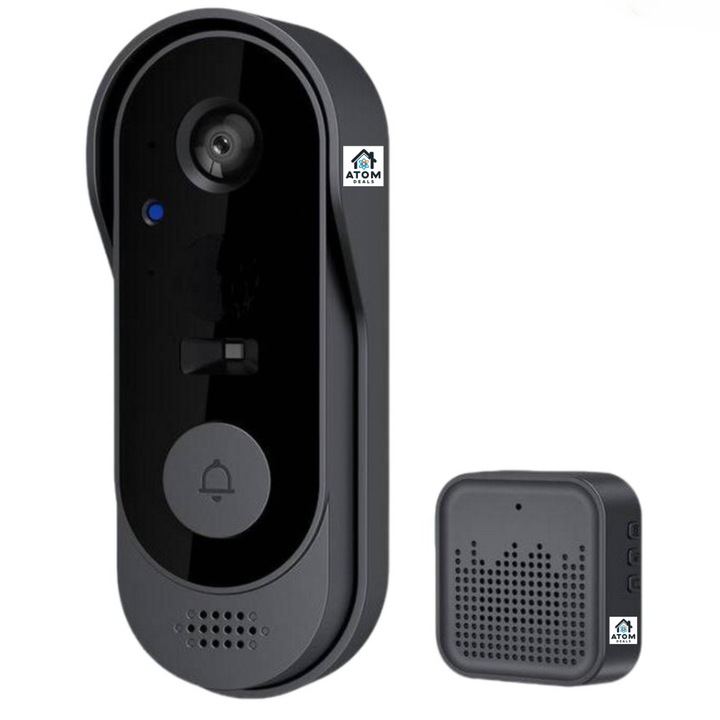 ATOM DEALS®️ intelligens video csengő, Tuya kompatibilis, intelligens video kaputelefon, IP65 Waterpoof, távfelügyelet, WiFi, akkumulátor, 50 m-es lefedettség, felvétel és képrögzítés, kétirányú kommunikáció, belső ajtócsengő, 125°, éjjellátó, fekete