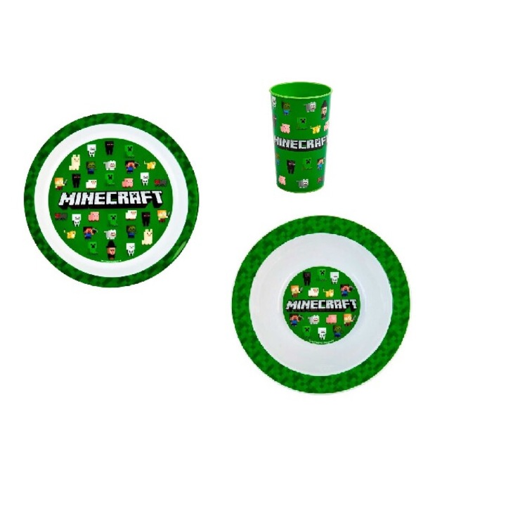 Set mic dejun 3 piese, plastic personaje Minecraft Verde 0.250 l