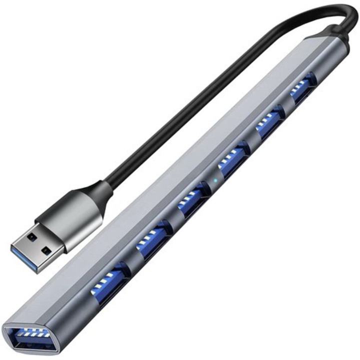 Isoxis USB хъб, 7 порта, 1 x USB 3.2 Gen.1, 6 x USB 2.0, алуминий, сив, 1.6x14.5x0.8cm