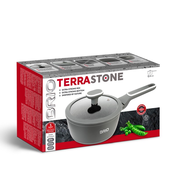 Cratita din aluminiu forjat, cu capac din sticla, interior marmorat antiaderent, 18 cm, gri, BRIO TERRA STONE