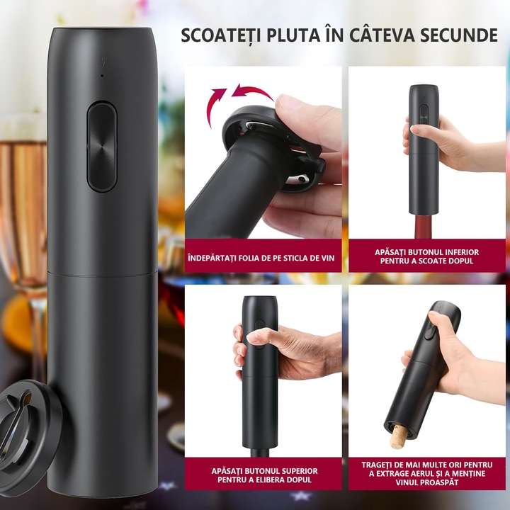 Set tirbuson electric 4 in1 ZUNSEAT, One-Touch, aerator vin cu Accesorii, dozator de vin electric, taietor de folie de aluminiu, dopuri de vid, pompa de vid pentru indepartarea dopului de vin, cablu USB, smart, negru