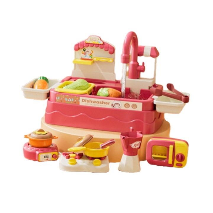 Gyerekjáték mosogatógéppel, víz újrahasznosítással, konyhával és evőeszközökkel, 33 kiegészítővel, rózsaszín
