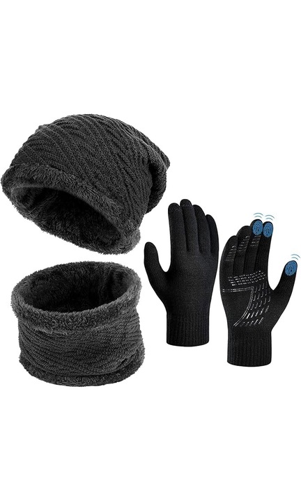 Set de iarna cu fular, caciula si manusi cu touchscreen, pentru barbati, gri inchis, marime universala