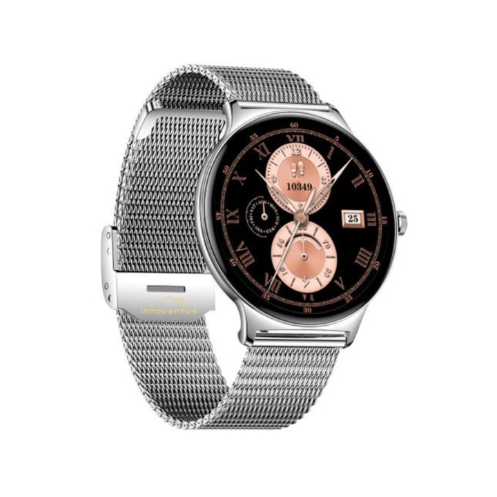Ceas Smartwatch cu Apel Bluetooth INNOVENTUS®, Always On Display 1.3”, Monitorizare ECG / Puls / SpO2, Fitness 24/7, Notificari, Muzica, Curea Metalica + Silicon, Silver