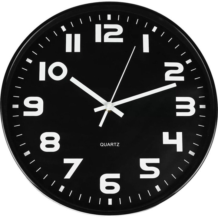 Ceas decorativ de perete BENSON cu fundal negru si cifre mari albe, rama neagra 30cm