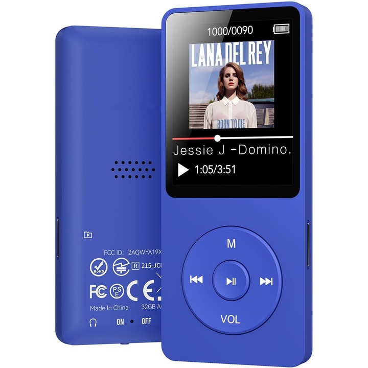 Mp3 lejátszó érintőképernyővel, GOSTOCK®, 1,8 hüvelykes képernyő, 32 GB, SD kártya támogatása 128 GB-ig, Bluetooth, HiFi audio, FM rádió, e-könyv olvasás, felvevő, kék