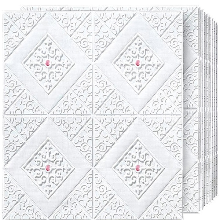 Комплект от 10 x HOZRO самозалепващи 3D тапети, Абстрактен модел, за стени и таван, обхваща площ от 4,9 кв.м., модерен дизайн, много лесен за поставяне, Бял ромб