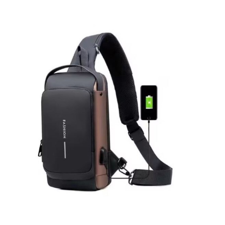Rucsac de umar sau de mana suport incarcare USB, buzunar antifurt, negru cu maro