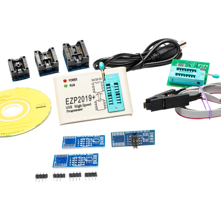Комплект за програмиране, EZP2019+, USB програматор + EEPROM и FLASH, комплект с щипка и адаптери, 1.8V-5VSP, SPI I2C, с автоматично разпознаване на чип