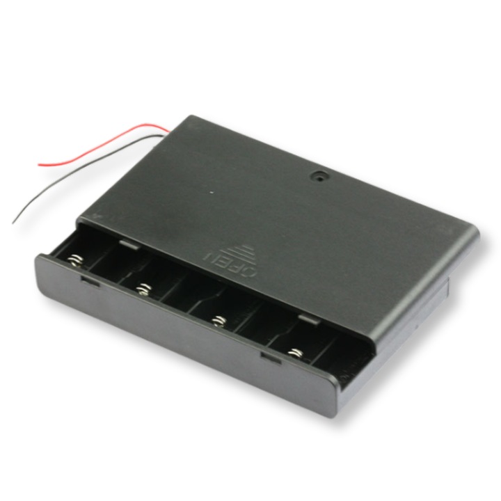 Cutie de baterii pentru 8x baterii AA R6 reincarcabile, cu carcasa si comutator de 12V, capac inclus, material ABS rezistent la impact, dimensiuni 125x70x20 mm, ideala pentru proiecte DIY cu Arduino sau microcontrolere, culoare neagra, cablu de conectare