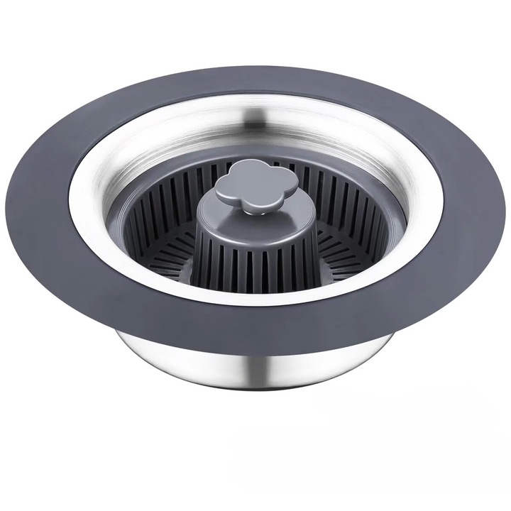 Mosogató lefolyószűrő, többfunkciós, 3 az 1-ben, törmelékszűrő, tömítődugó és integrált szagtalanító, univerzális konyhai tartozék, 7,2-8,5 cm közötti lefolyóhoz, PYKA, ezüst