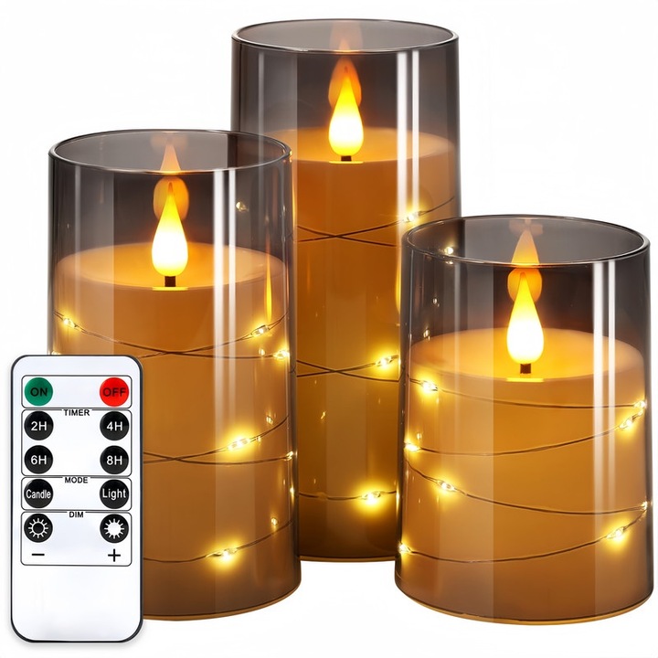 3 db lángmentes LED gyertya készlet beépített lámpákkal, szürke, távirányítóval és időzítővel