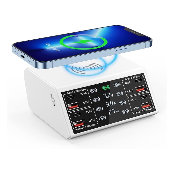 Vezeték nélküli töltőállomás QI 15W, Rqiurpn, 100W, 4 x USB Type C max, 27W PD+QC 3.0, intelligencia védelemmel, állítható teljesítményű LED kijelző, Kompakt, ABS/PC, Fehér