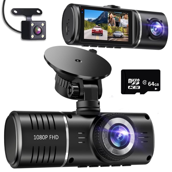 Camera Auto de bord, Rqiurpn, Full HD 1080p, 3 canale, Inregistrare in bucla, Vedere nocturna, G-Sensor, detectare miscare, Unghi filmare 170°, card 64 GB SD, Negru