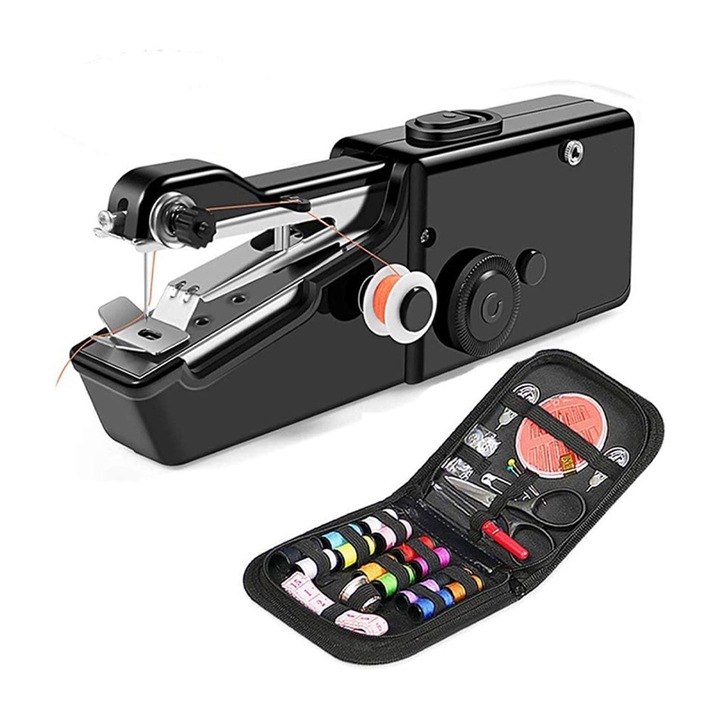 Mini hordozható varrógép, Rqiurpn, kézi, praktikus, tartozékokkal, Sokféle textilanyaggal kompatibilis, Ideális ruhákhoz, függönyökhöz, drapériákhoz, fekete